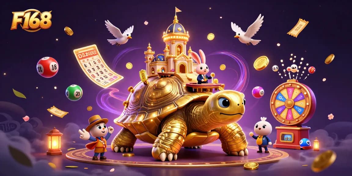 Experience F168's thrilling casino gaming with a dynamic illustration of a golden tortoise, vibrant lottery elements, and festive energy.
