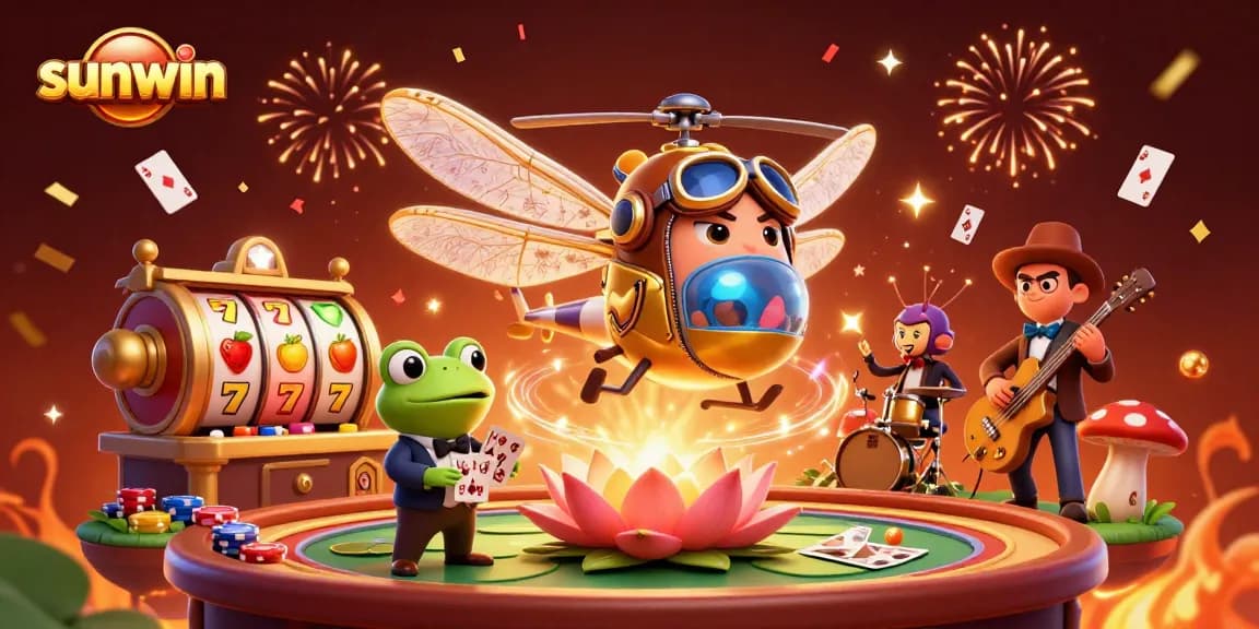 Experience vibrant gaming action at sunwin with a dragonfly pilot and frog croupier in an engaging casino scene.