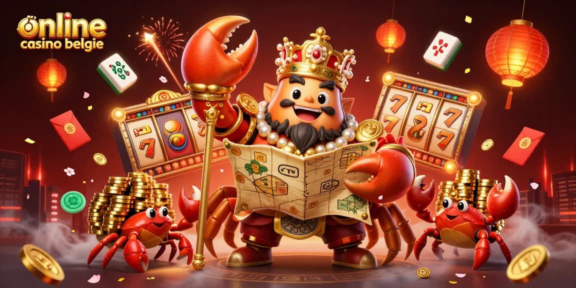 Experience the thrill of online casino belgie with a vibrant 3D illustration featuring a golden crab emperor and dynamic gaming elements.