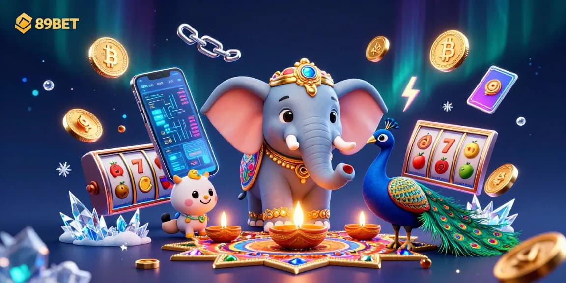 Experience high-stakes fun with 89BET's vibrant animated casino scene featuring colorful characters and crypto elements.