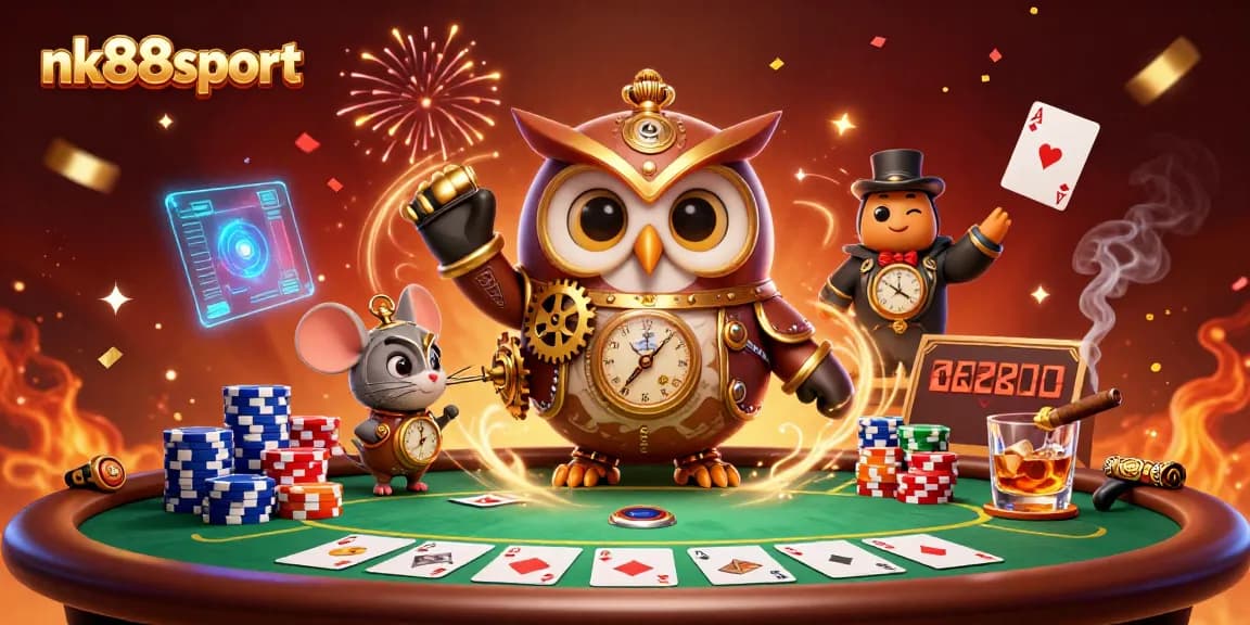 Engage in thrilling gameplay with nk88sport's vibrant casino scene featuring an owl and mouse.