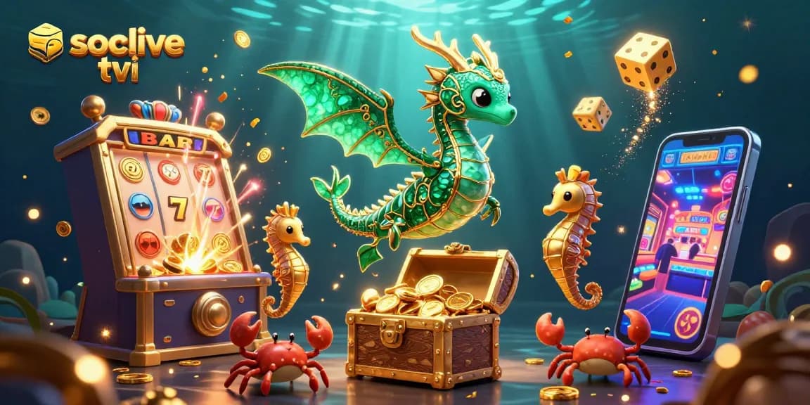 Socolive tivi showcases a vibrant casino scene featuring an emerald sea dragon among dynamic gaming elements.