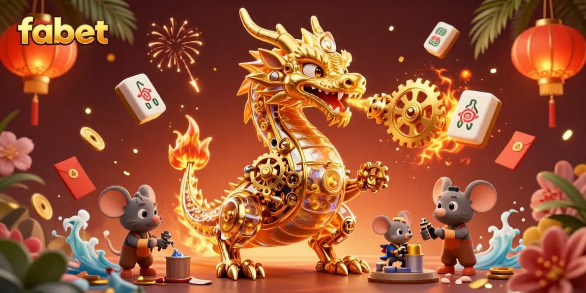 Engage with fabet's thrilling casino experience featuring a golden dragon amidst vibrant gambling elements.