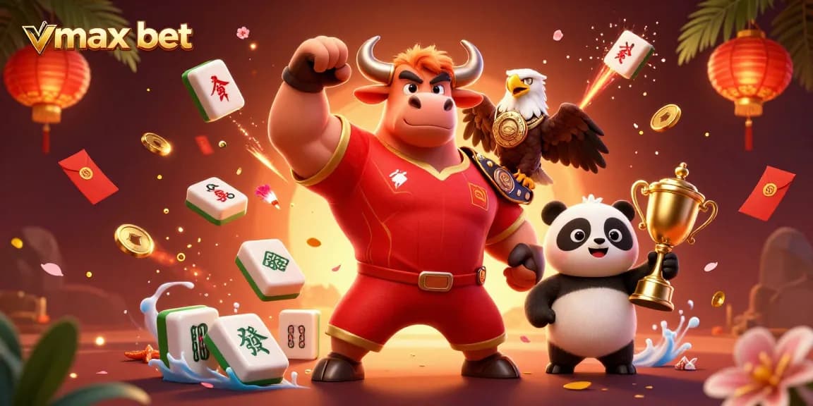 Experience vmax bet in an engaging scene featuring a victorious bull, eagle, and panda amidst vibrant gambling elements.
