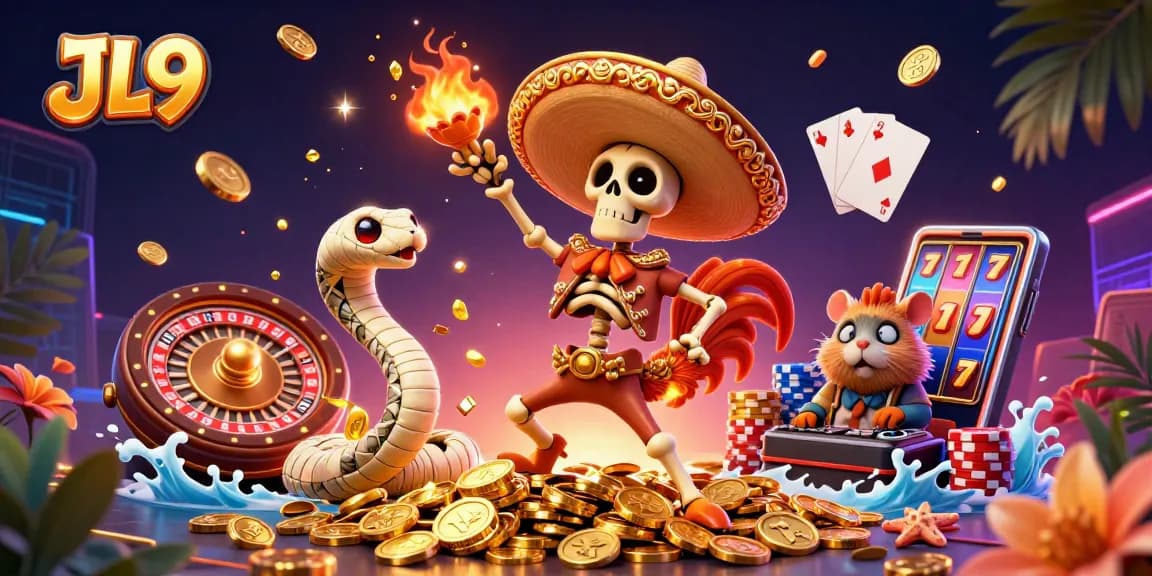 JL9 players enjoy thrilling gaming with a vibrant 3D skeleton mariachi rooster celebrating wins.