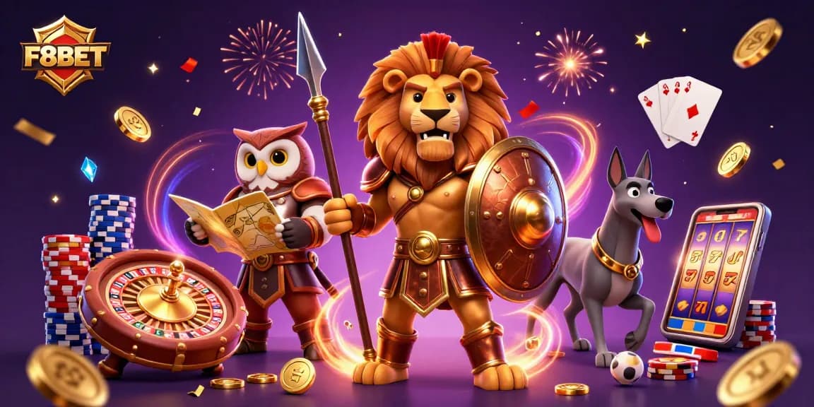 Experience dynamic gameplay at F8BET with a Spartan lion, owl strategist, and greyhound messenger amid cascading coins.