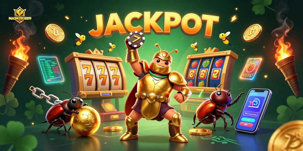Engage with MASKOKI889's slot excitement, featuring a victorious beetle and vibrant casino elements.