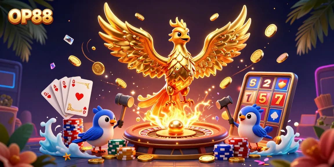Experience the thrill of OP88 with a captivating 3D illustration featuring a mythical phoenix and coins.
