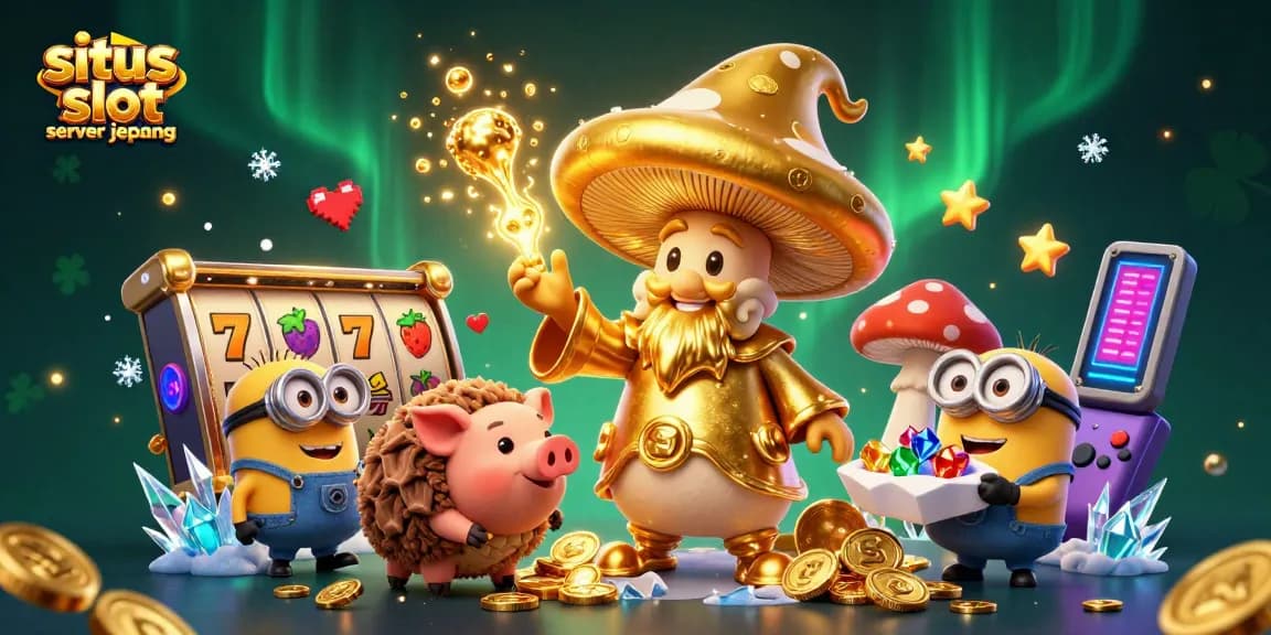 Play exciting games at situs slot server jepang featuring a magical golden wizard and slot machines.