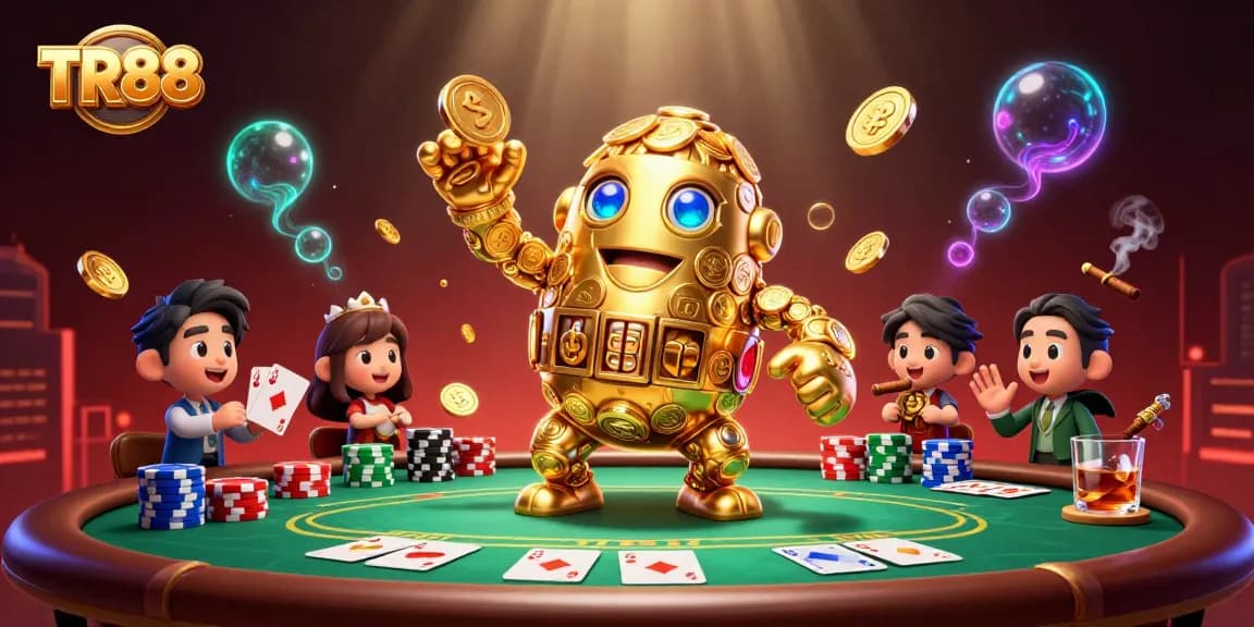 Experience gaming excitement at TR88 with a vibrant 3D casino scene featuring golems and poker elements.