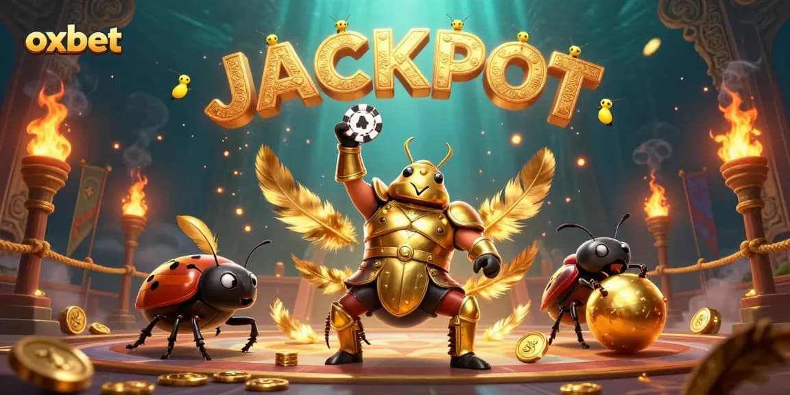 Engage with oxbet's thrilling casino atmosphere with beetle characters celebrating wins.