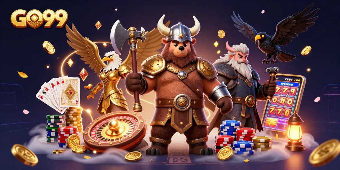Engage with GO99's thrilling gaming experience featuring a Viking warrior amid rich casino elements.