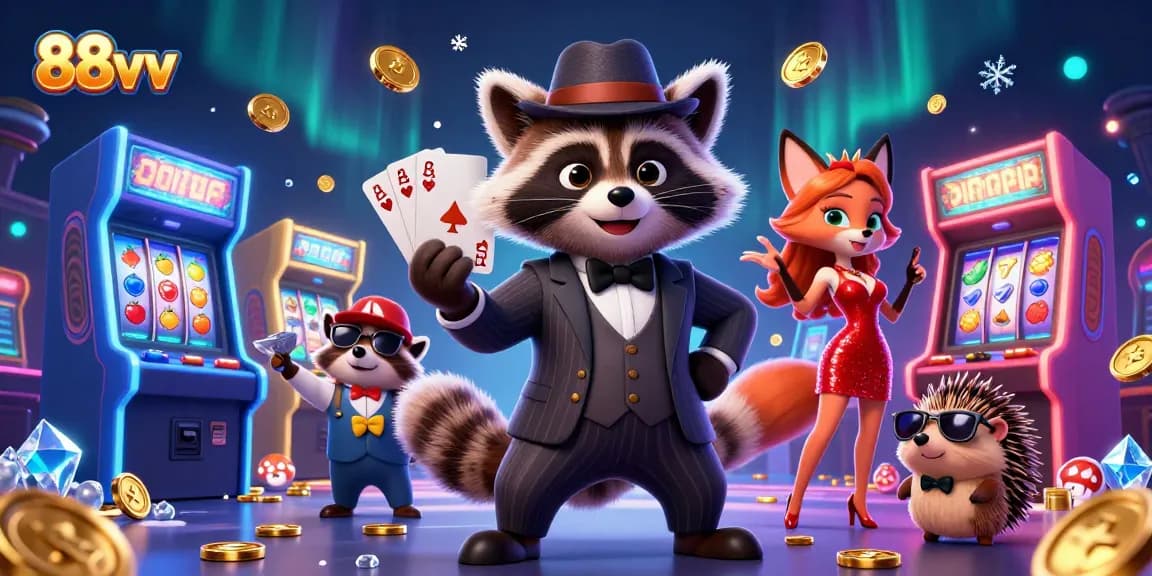 Experience thrilling wins with 88vv as our suave raccoon and friends celebrate casino success.