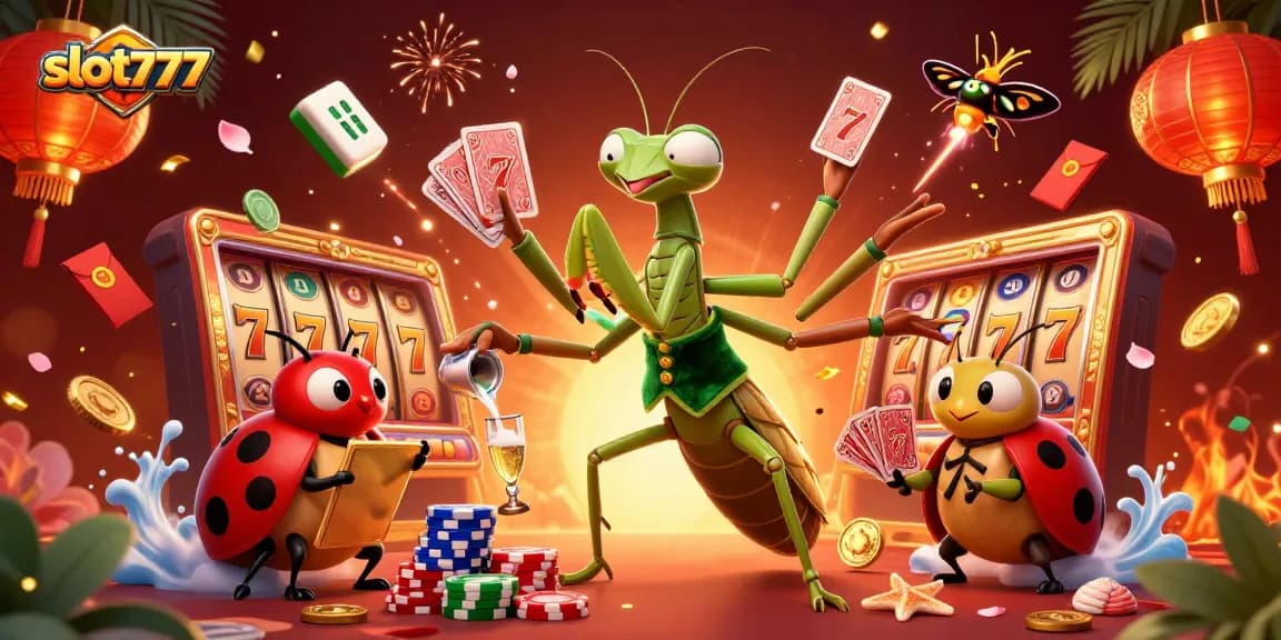 Engage with slot777: A lively scene showcasing card dealing and slot elements in a vibrant casino