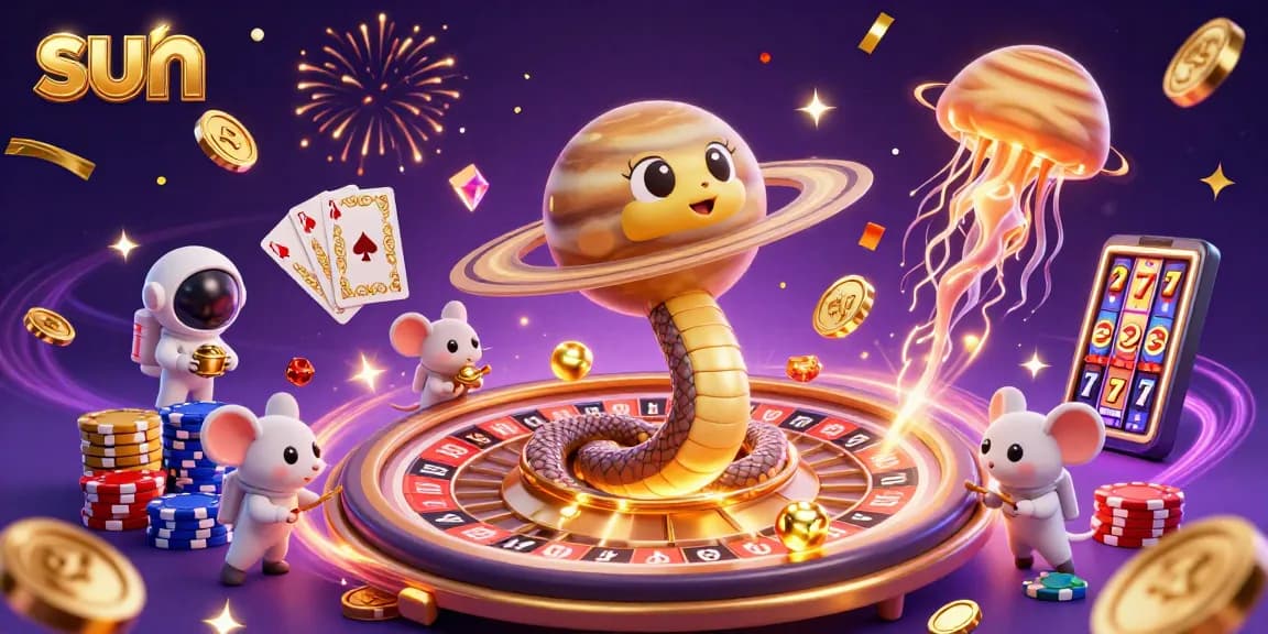 Spin to win with sun's vibrant cosmic casino scene featuring a roulette wheel and playful characters.