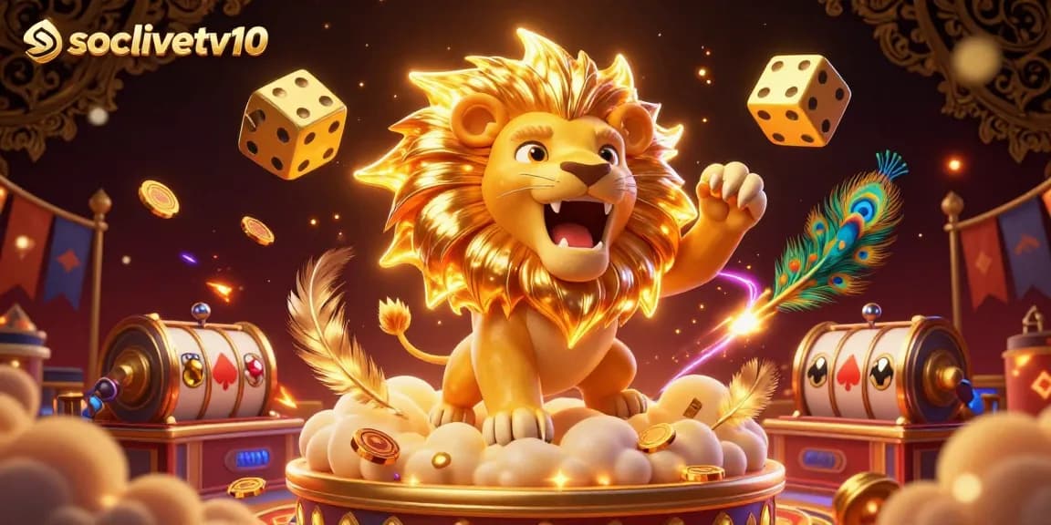 Socolivetv10 brings thrilling casino action with golden dice and a roaring lion in a vibrant gaming scene.