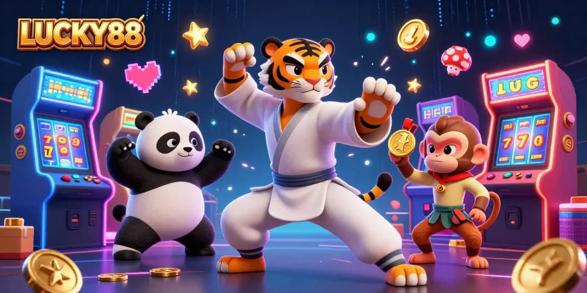 Experience LUCKY88 excitement with kung fu tiger master and friends in this vibrant casino scene.