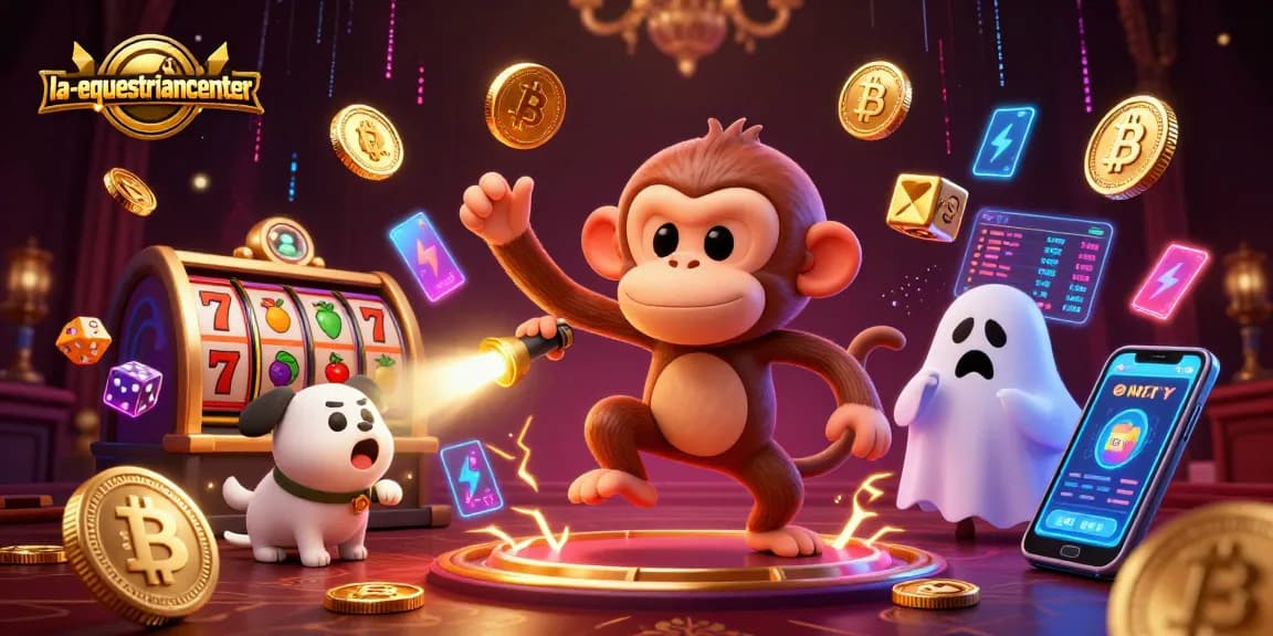 Exciting gambling scene with la-equestriancenter branding, showcasing a playful poltergeist monkey and ghost-hunter puppy.