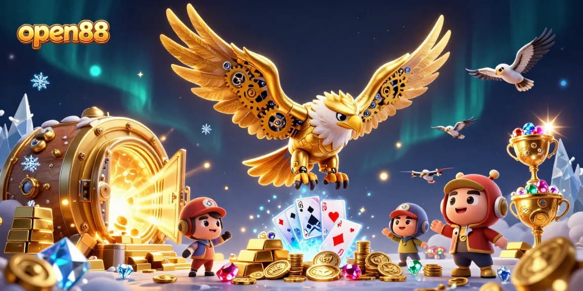 Engage with open88's thrilling games amidst a lavish casino scene filled with treasures.