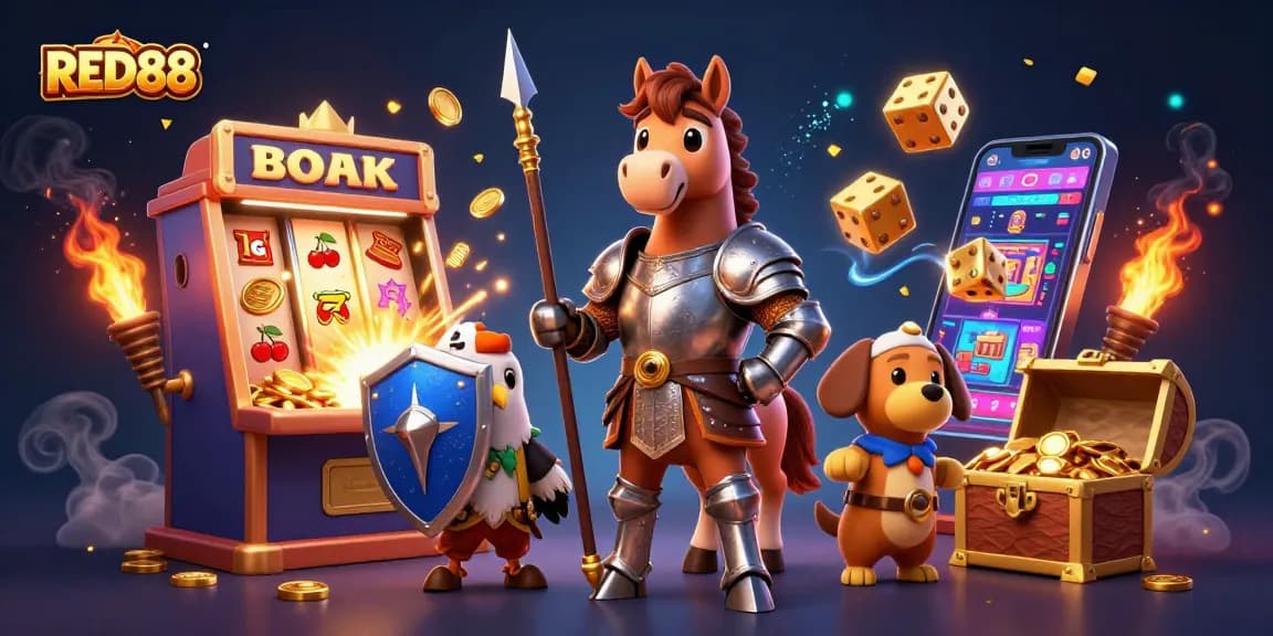 Engage with RED88's thrilling gaming experience illustrated with lively characters and slots.