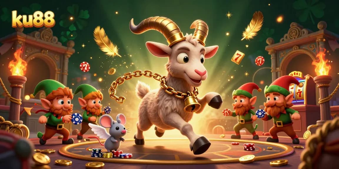 ku88 captivates with a dynamic scene featuring a Krampus goat, angel mouse, and elf gremlins in a festive casino.