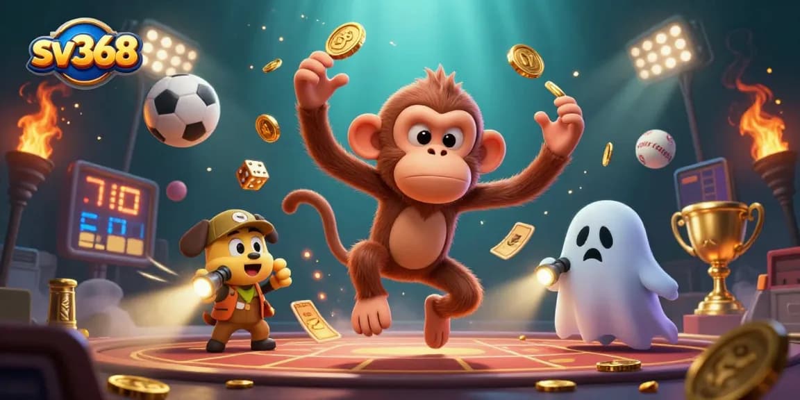 Experience thrilling betting adventures with sv368 in a haunted casino scene featuring a playful monkey and curious puppy.