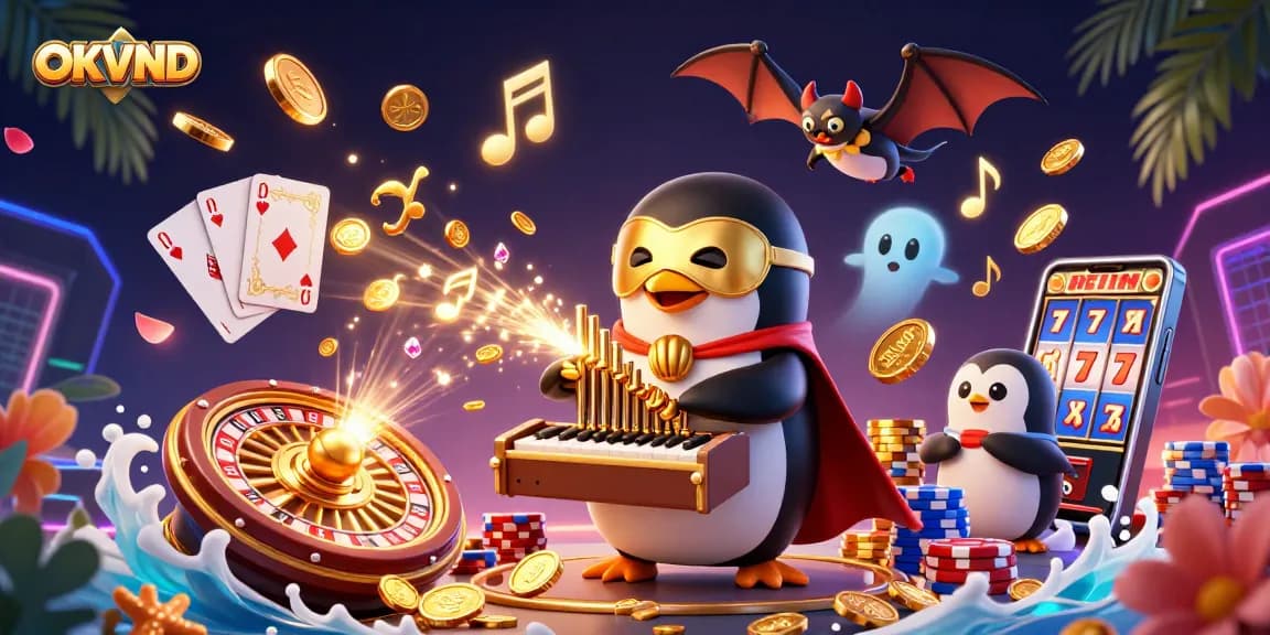 Experience exciting gameplay with OKVND's dazzling casino scene featuring dynamic golden coins and lively characters.