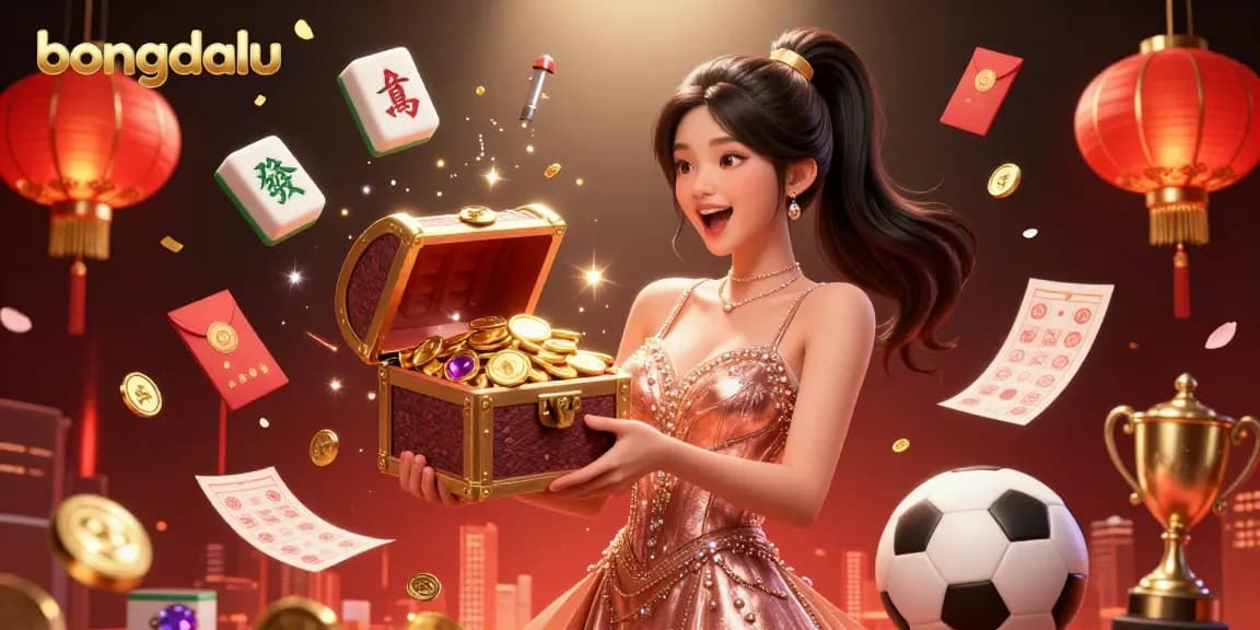 Bongdalu showcases an exciting treasure chest of riches in a vibrant trophy celebration for sports betting.