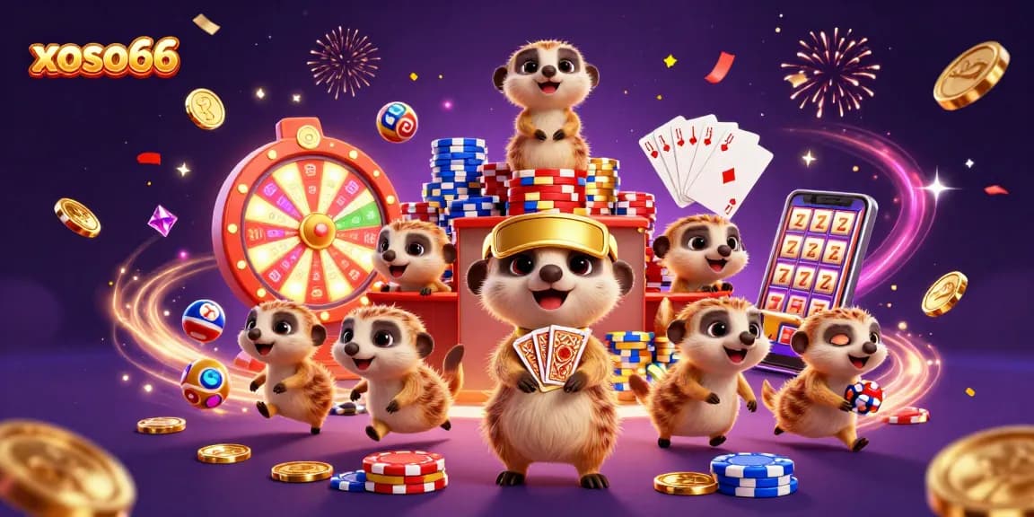 xoso66 engages players while meerkats run a lively lottery casino filled with golden coins and colorful chips.
