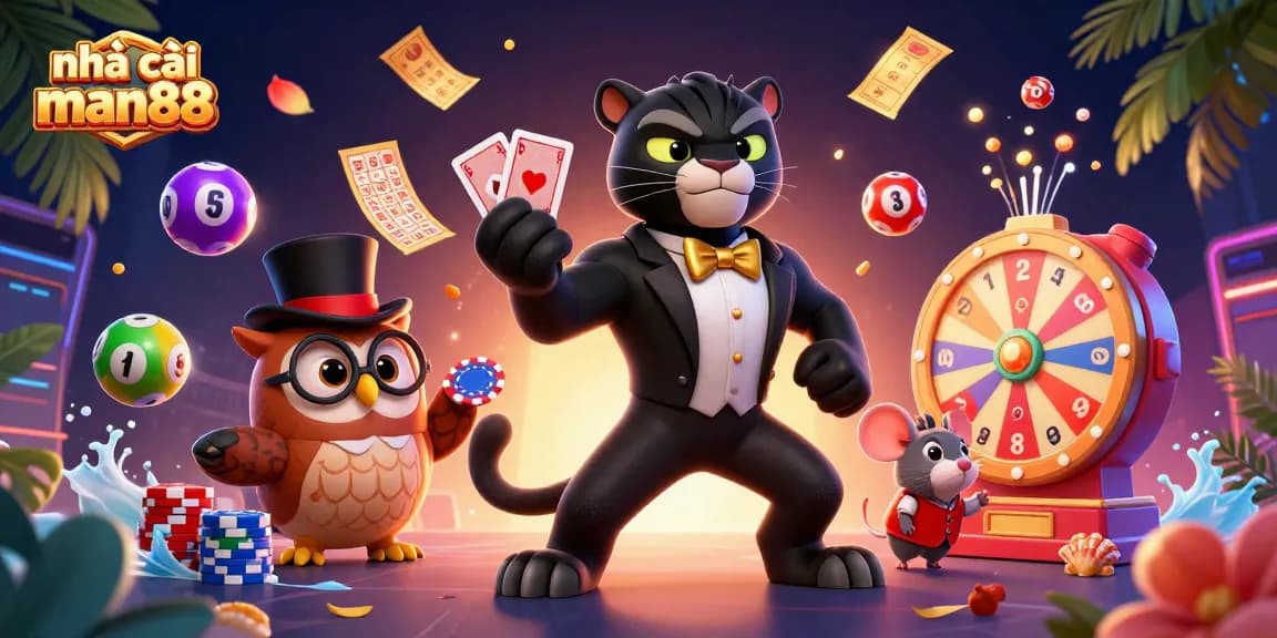Engaging illustration of nhà cái man88 featuring a panther dealing cards with an owl and mouse amid vibrant casino elements.