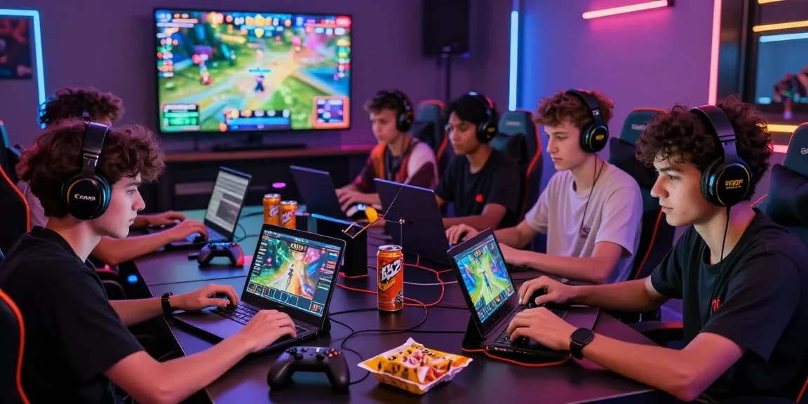 Gamers enjoying online B52 CLUB on various devices, showcasing vibrant gaming setup and community engagement.