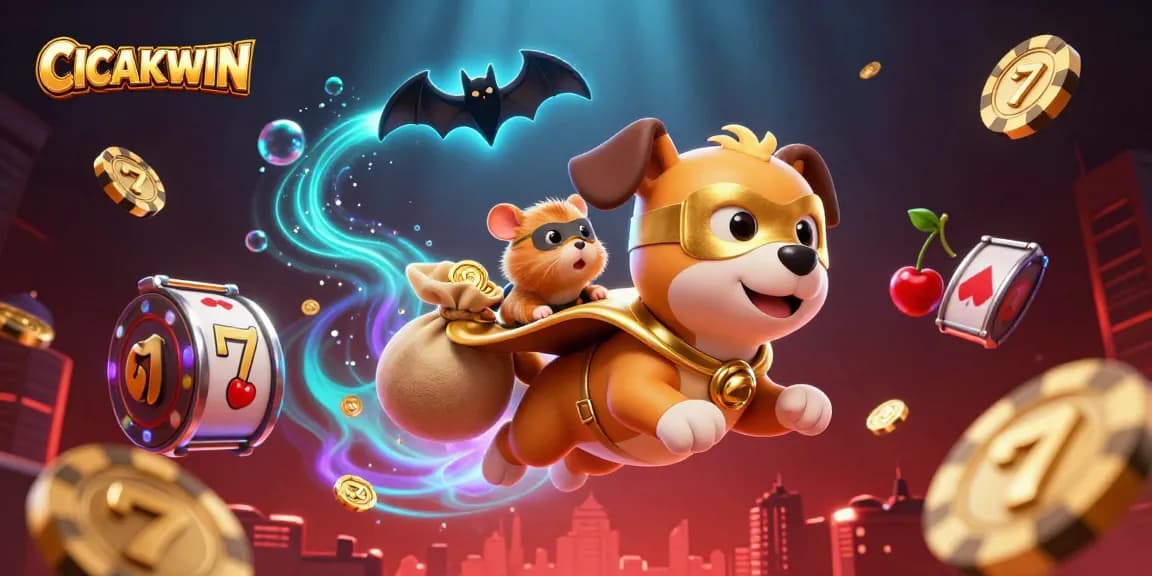 CICAKWIN brand showcases an exciting 3D scene with a superhero dog and slot reels flying high, capturing gameplay action