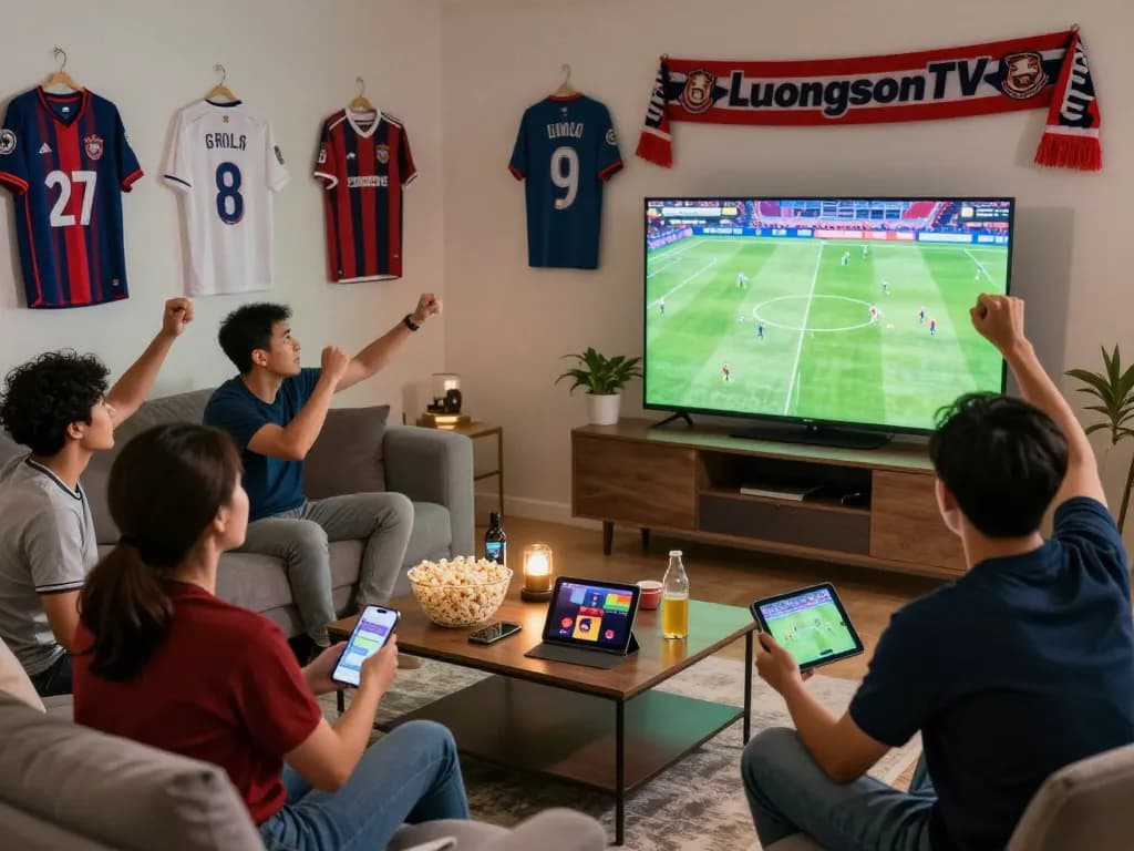 Fans celebrating while watching live football on luongson117.tv in a vibrant living room setting.