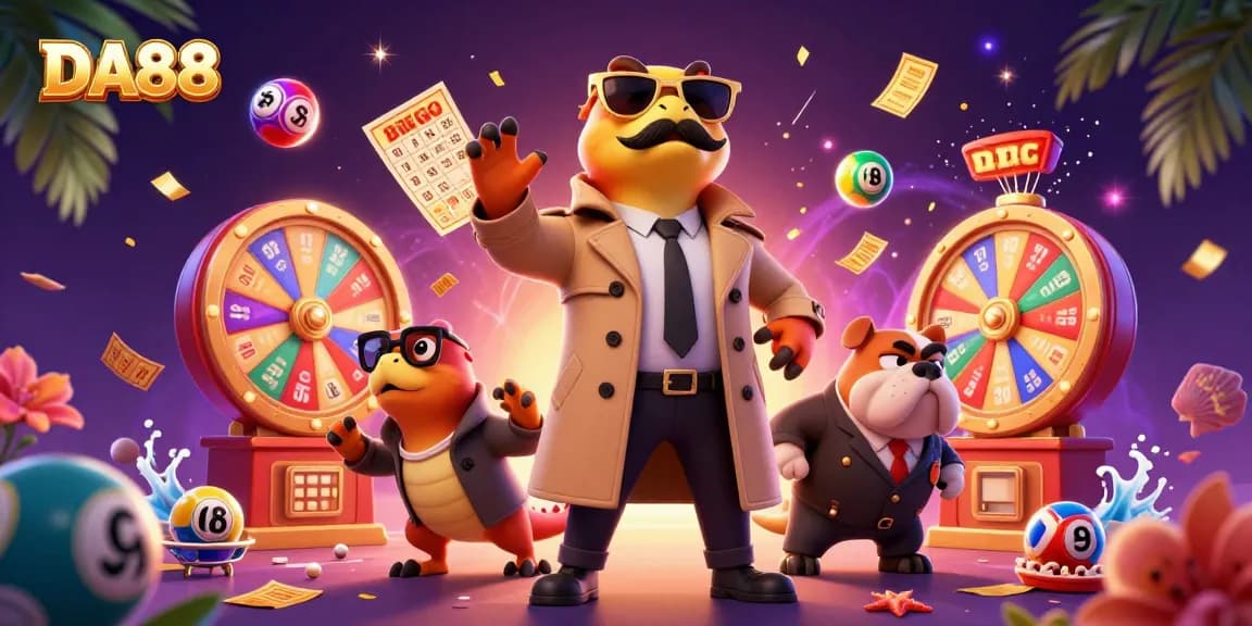 Experience the thrill of DA88 with colorful lottery elements and raptors in a casino setting.