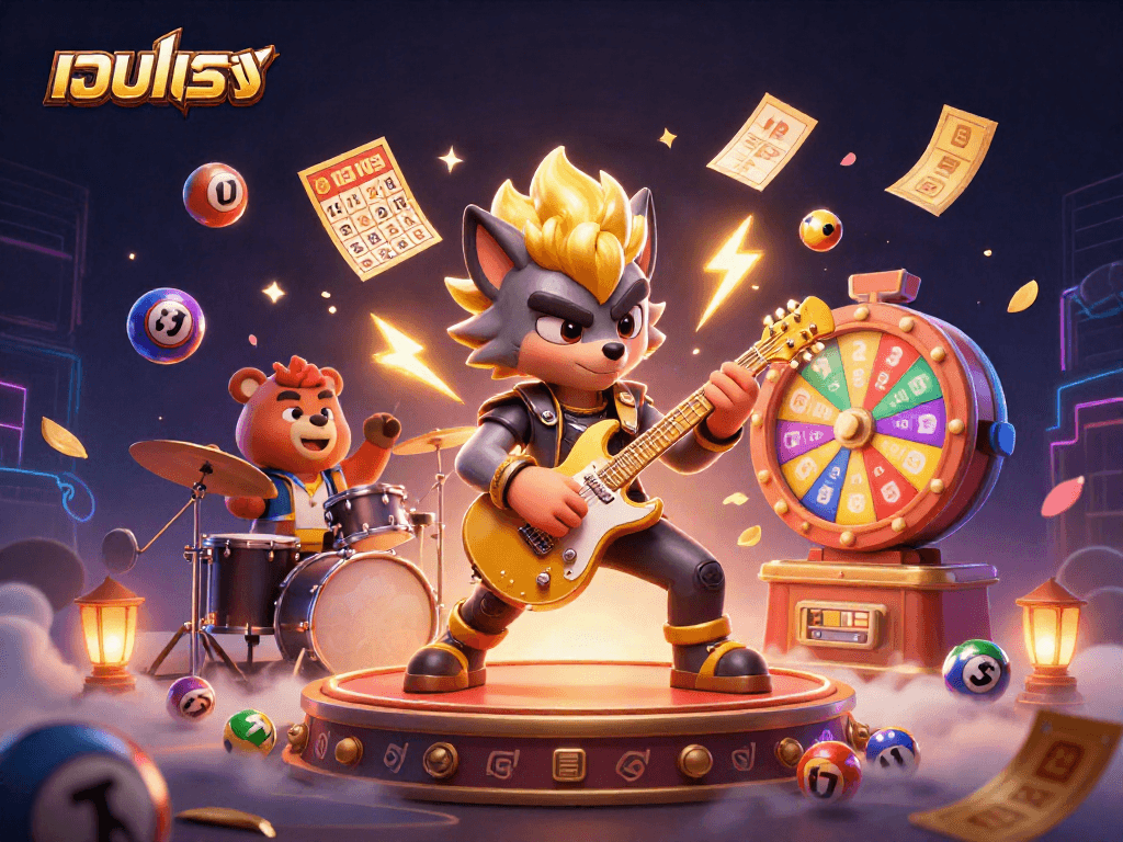 Engage with เว็บตรง at a vibrant casino scene featuring lively characters and dynamic lottery elements.