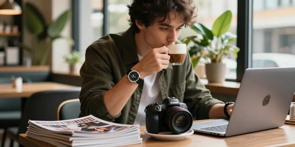 Stylish individual showcasing replica watches while enjoying coffee at a trendy café.