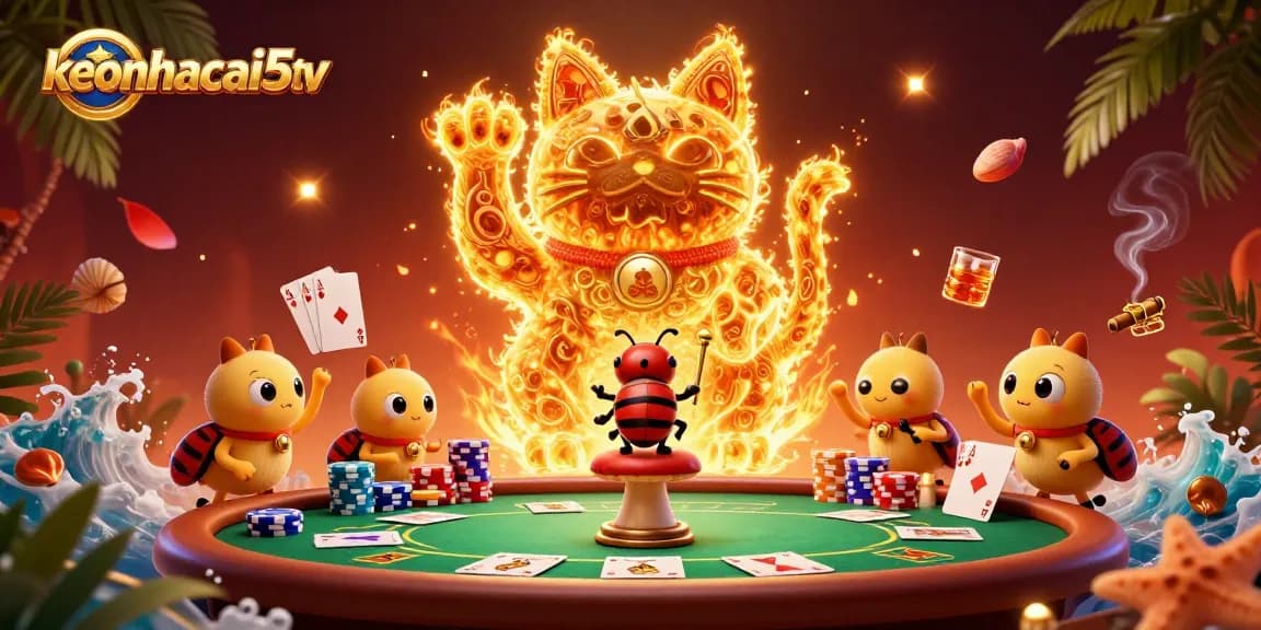 Engage with keonhacai5tv's vibrant casino scene showcasing a lucky cat and dynamic gaming elements.