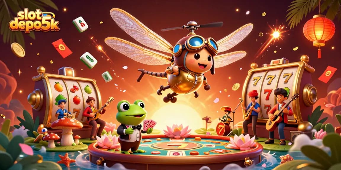 Experience the thrill of slot depo 5k with vibrant visuals featuring lively characters and casino elements.