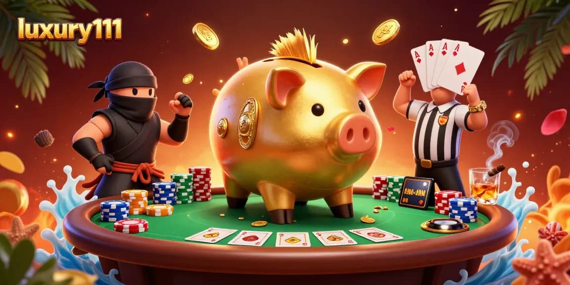 Experience thrilling gaming action with luxury111 as the piggy bank sumo wrestler shakes down coins and chips.