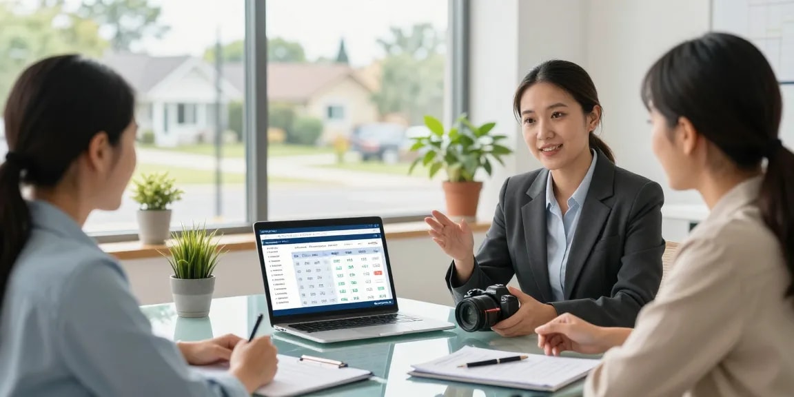 Couple calculating cuota hipotecaria with financial advisor at modern office.