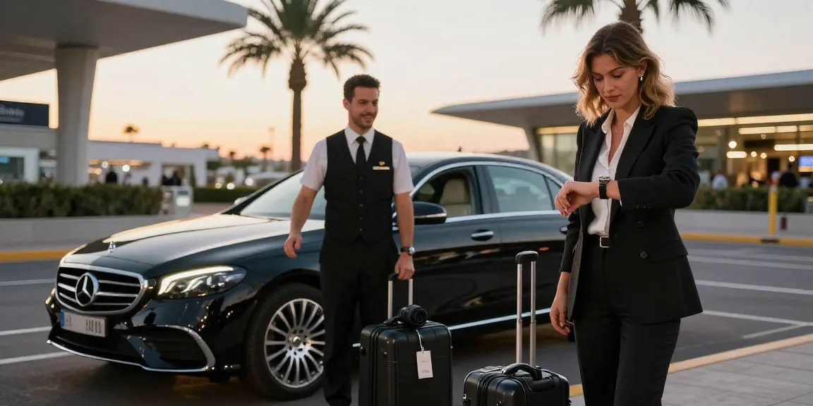 Transfert privé Nice Cannes avec un chauffeur élégant attendant un client à l'aéroport.