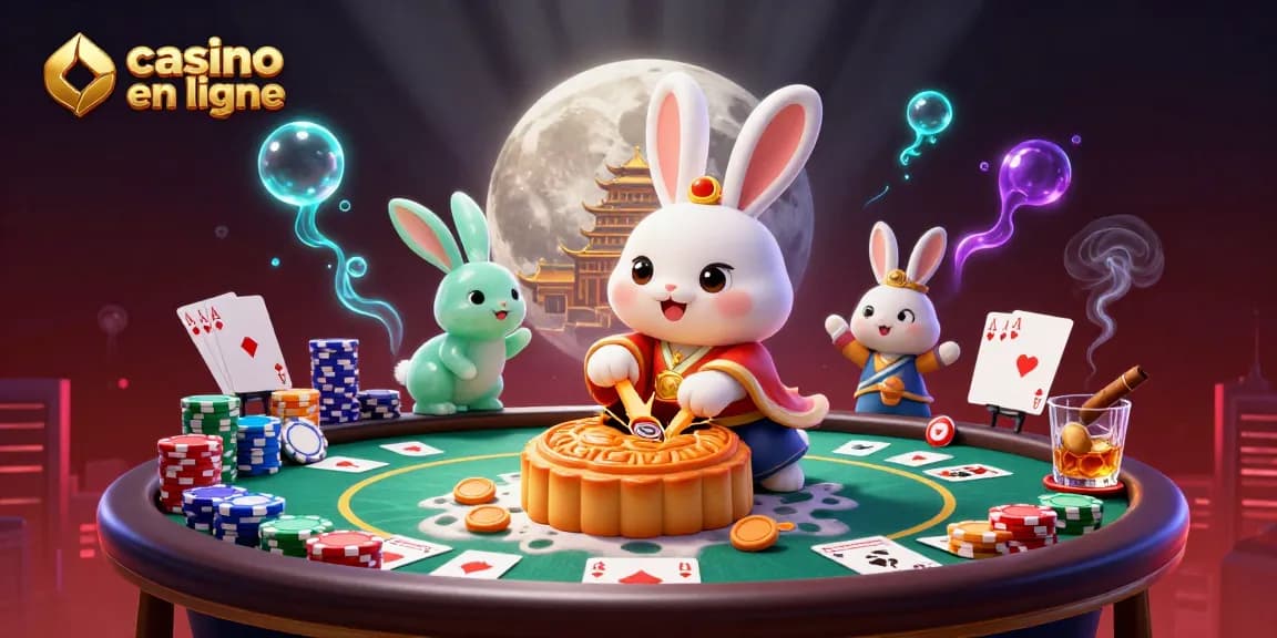 Plongez dans un univers de casino en ligne avec un lapin lunaire et des jetons de poker colorés.