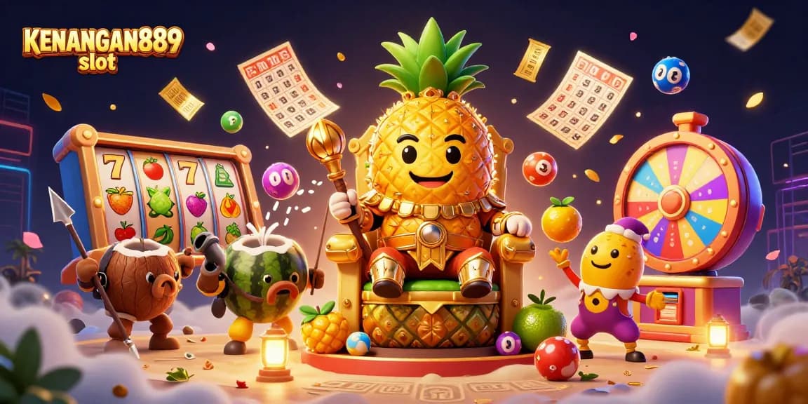 Engage with KENANGAN889 slot in a vibrant casino scene featuring a pineapple king and exciting game elements.