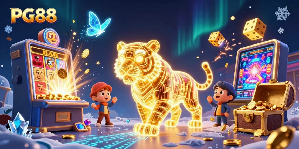 Experience the thrill of PG88 as a golden tiger roams a vibrant casino, bursting with jackpots and energy.