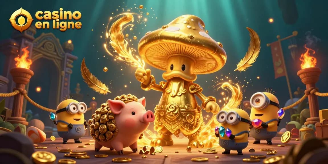 Venez jouer à casino en ligne dans une illustration 3D captivante avec magie dorée et trésors.