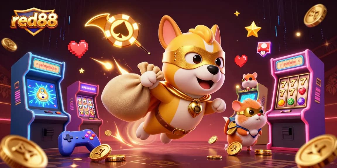 Experience thrilling wins at red88 with a superhero and hamster in a vibrant casino world.