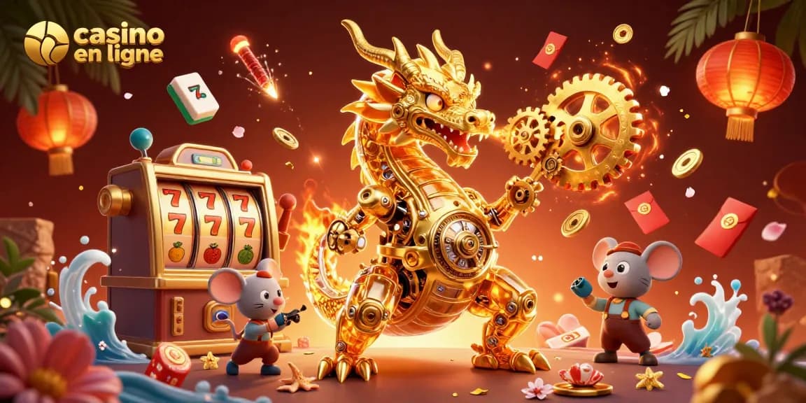 Jouez au casino en ligne avec une illustration 3D détaillée d'un dragon mécanique et des éléments de jeu.