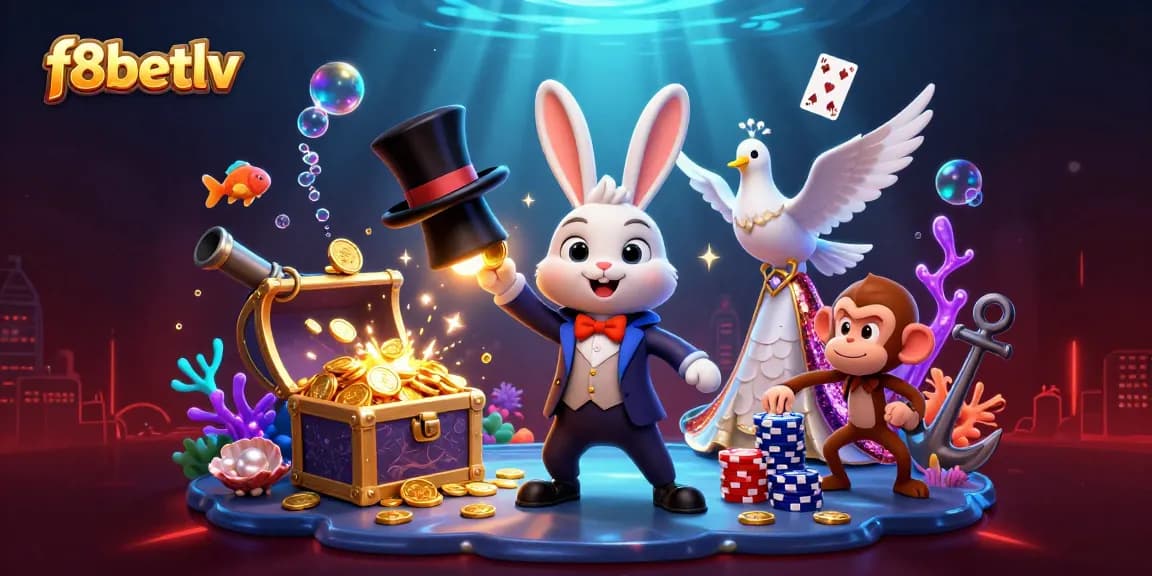 Experience thrilling wins with f8betlv, featuring a magician rabbit and mischievous monkey in a vibrant casino scene