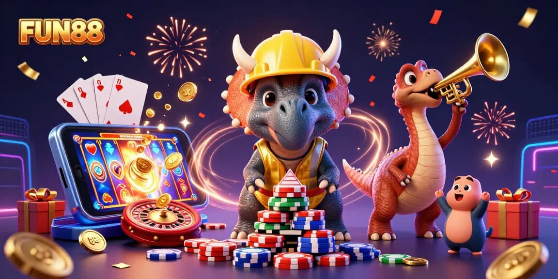 Creating excitement with FUN88 as cartoon dinosaurs build a poker chip pyramid in a vibrant casino scene.