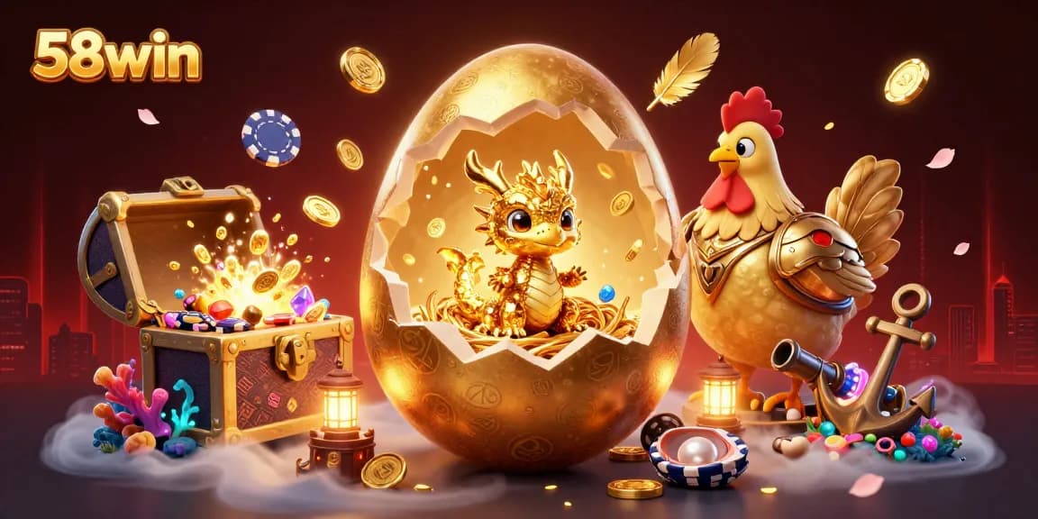 Experience the thrill with 58win in a vibrant casino scene featuring a golden dragon on poker chips.